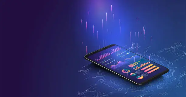 Vector illustration of Application of smartphone with business graph and analytics data on isometric laptop . Analysis trends and financial strategy by using infographic chart. Online statistics and data Analytics.
