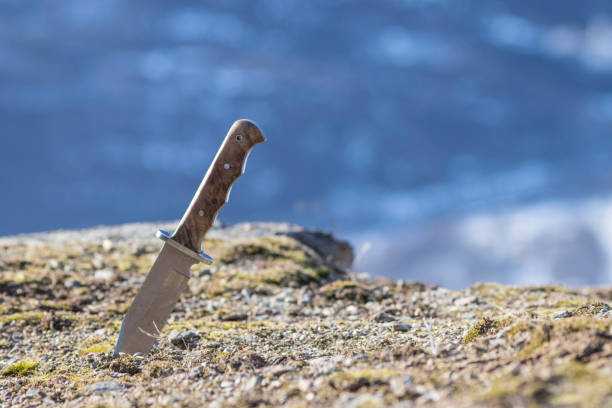istock Hunting knife stuck in the ground in a blue sky composition 1137725941