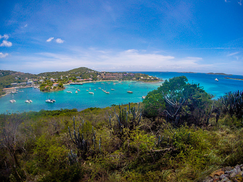 Panoramic view of Cruz Bay the main town on the island of St. John USVI, Caribbean.