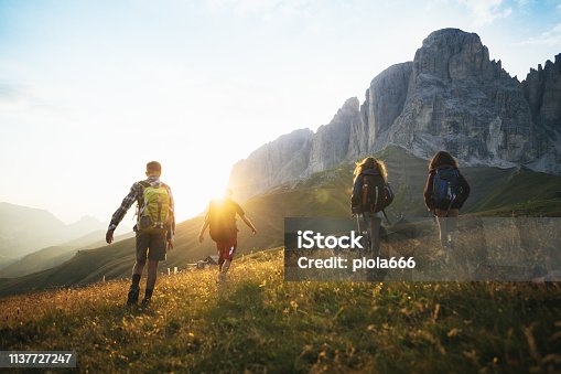 istock Adventures on the Dolomites: teenagers hiking with dog 1137727247