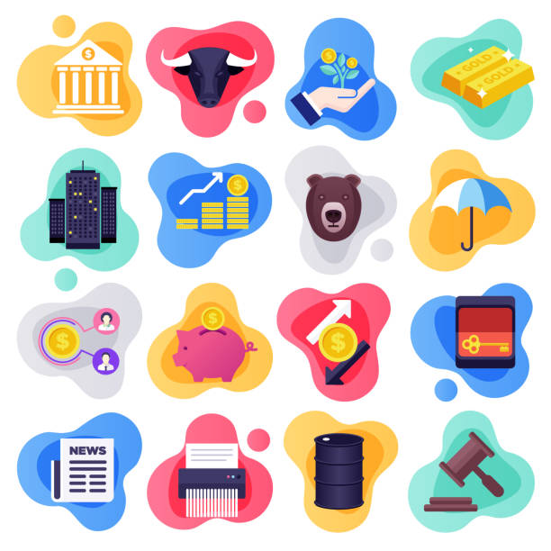 Stock Market Volatility & Learning Flat Flow Style Vector Icon Set Stock market volatility and learning liquid flat flow style concept symbols. Flat design vector icons set for infographics, mobile and web designs. business risk stock illustrations
