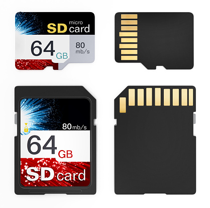 SD and micro SD cards of the same brand and label design isolated on white.