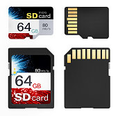 SD and micro SD cards of the same brand and label design isolated on white