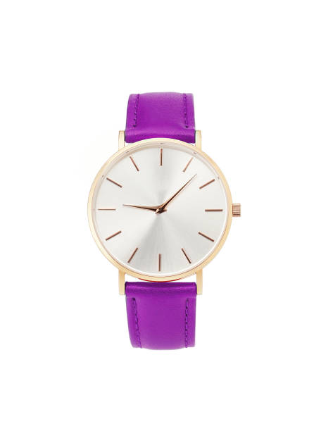 istock Classic women gold watch white dial, Violet leather strap isolate white background 1137734406