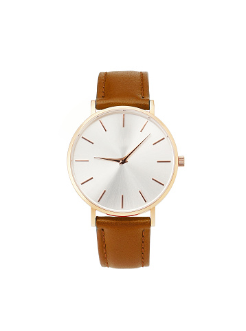 Classic women's gold watch with white dial, brown leather strap, isolate on a white background. Front view.