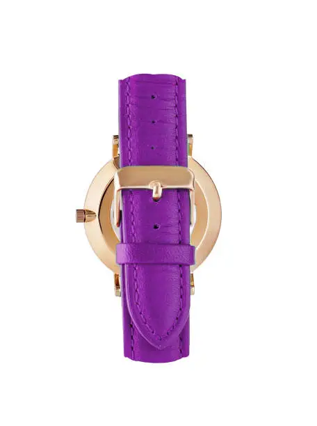 Classic women's gold watch with white dial, violet leather strap, isolate on a white background. View back.