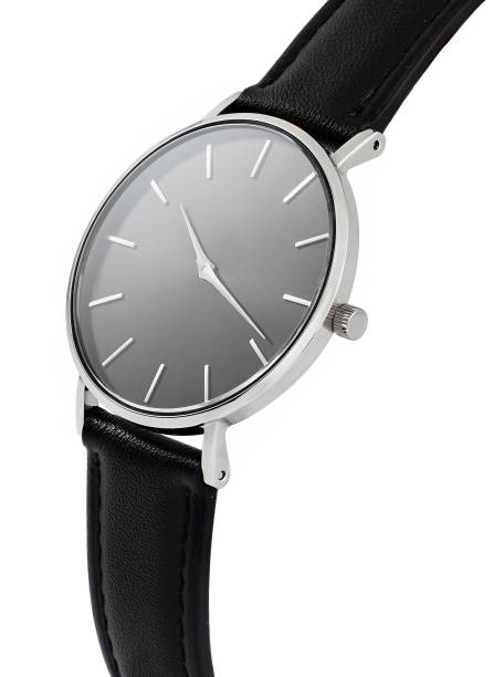istock Classic women silver watch black dial, leather strap, isolate on white background 1137734450