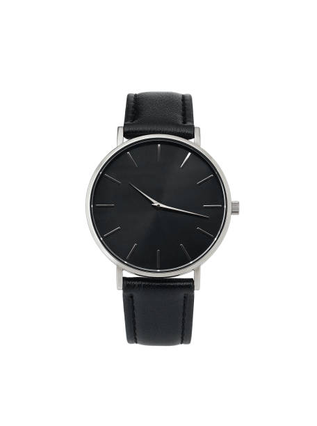 Classic women silver watch black dial, leather strap, isolate on white background