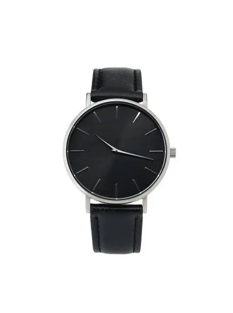 Photo of Classic women silver watch black dial, leather strap, isolate on white background