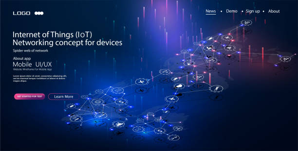 internet of things (iot) dan konsep jaringan untuk perangkat yang terhubung. jaring laba-laba koneksi jaringan dengan pada biru futuristik - gudang distribusi foto ilustrasi stok