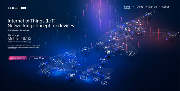 Internet of things (IoT) and networking concept for connected devices. Spider web of network connections with on a futuristic blue Internet of things (IoT) and networking concept for connected devices. global logistics infographic stock illustrations