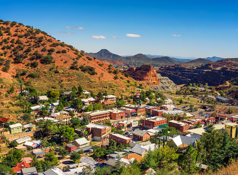 Town of Bisbee with surrounding Mule Mountains in Arizona. This historic mining town was built early 1900s and is the county seat of Cochise County.