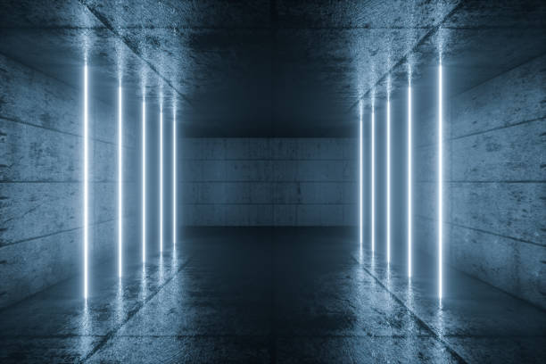 3d rendering, glowing magic lines in anbanoned room, dark background