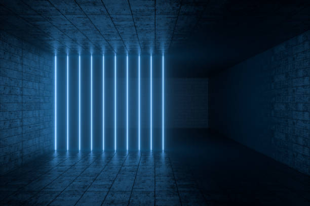 3d rendering, glowing magic lines in anbanoned room, dark background