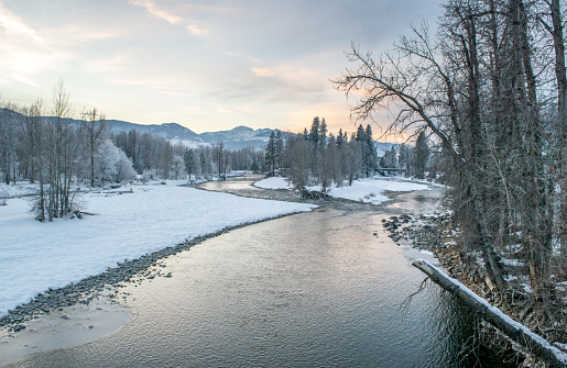 Winter Wonderland in the Methow Valley: Methow River and Foothills of the North Cascades in the Background (Sunset / Dusk) - Washington, USA