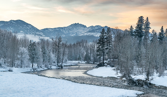 Winter Wonderland in the Methow Valley: Methow River and Foothills of the North Cascades in the Background (Sunset / Dusk) - Washington, USA