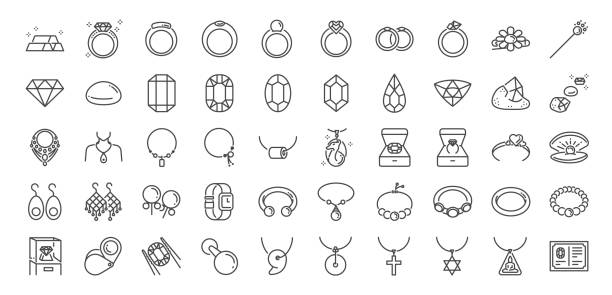 illustrations, cliparts, dessins animés et icônes de 50 ensemble d'icônes de bijoux de ligne. inclus des icônes comme gemmes, pierres précieuses, bijou, accessoires, bague et plus encore. - charm necklace
