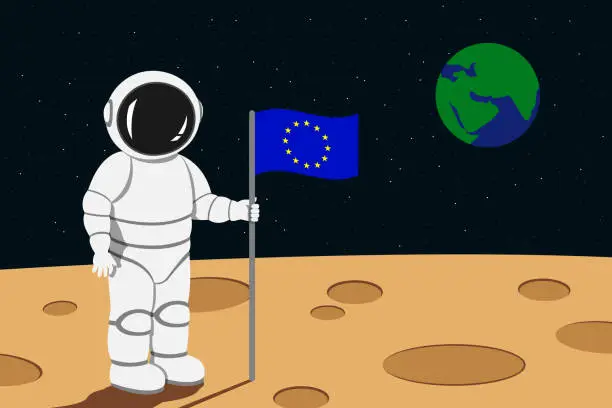 Vector illustration of European astronaut lending on moon and hold flag of European Union in his hand. Vector illustration