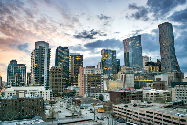 Skyline of Downtown Houston at Dusk - Houston, Texas stock photo