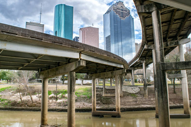 Split Highway Overpass and Skyscrapers of Downtown Houston