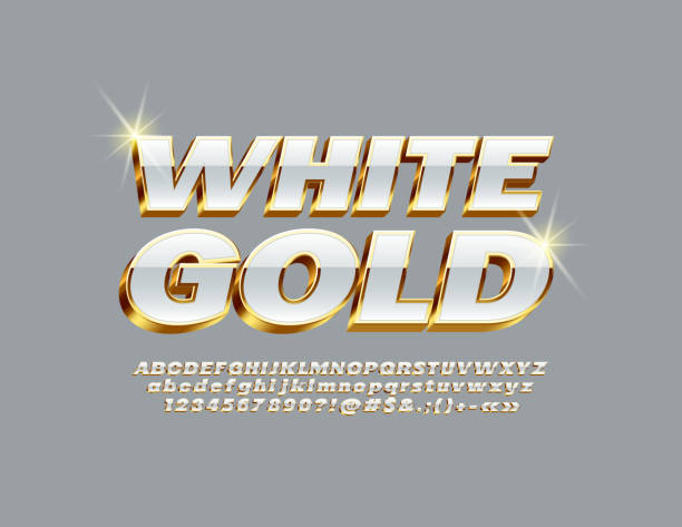 vektor weiß und gold alphabetbriefe, zahlen und symbole - stereoskopische photographie stock-grafiken, -clipart, -cartoons und -symbole