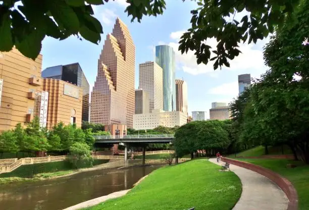 Photo of Path in Buffalo Bayou Park leading to downtown Houston, Texas, USA