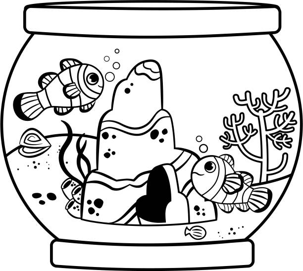 Coloring page activity for children. Black and white aquarium with clown fishes fish clip art black and white stock illustrations
