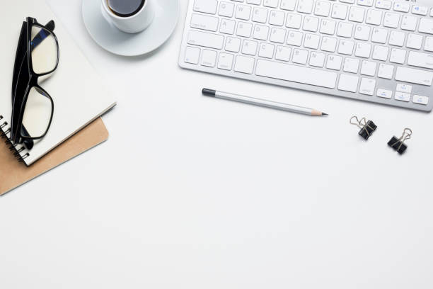 istock Office desk table with supplies. Flat lay Business workplace and objects. Top view. Copy space for text 1137746530