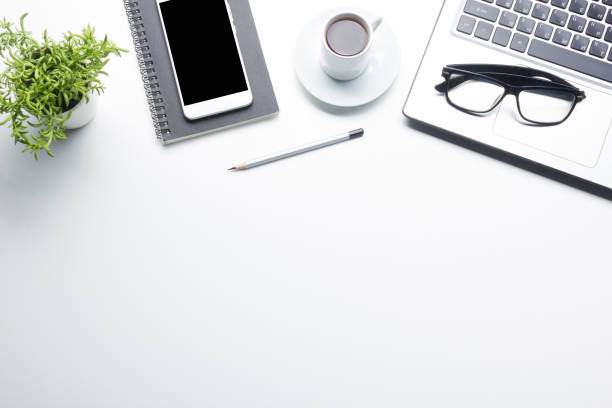 istock Office desk table with supplies. Flat lay Business workplace and objects. Top view. Copy space for text 1137746569