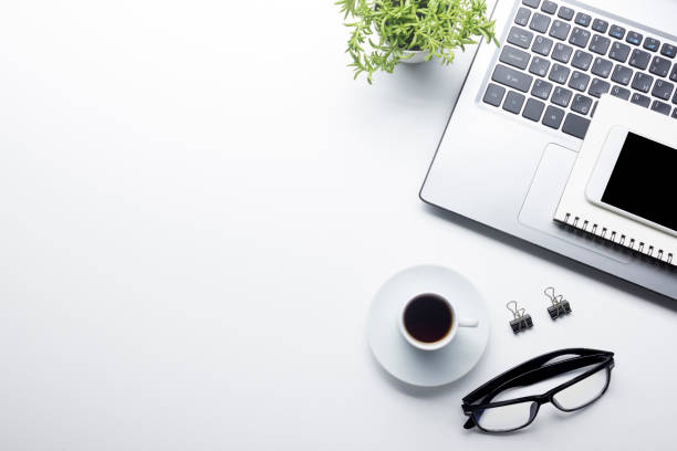 istock Office desk table with supplies. Flat lay Business workplace and objects. Top view. Copy space for text 1137746573
