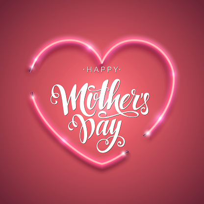 Happy Mother's Day script lettering inscription. Hand lettering card. Modern calligraphy for Mom's Day. Abstract background with bright pink vector neon heart. Vector illustration.