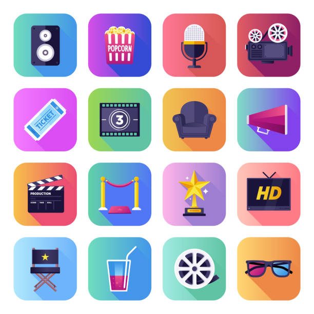 film, televizní show a video plochý hladký gradient styl vektorové ikony set - svačina fotky stock ilustrace