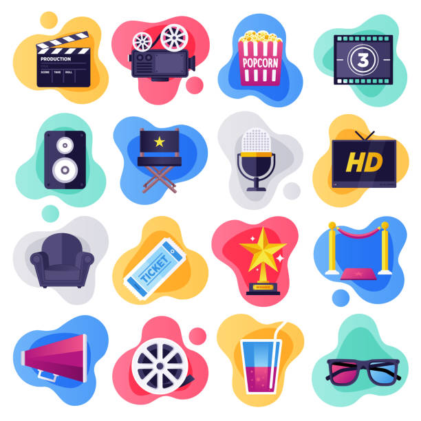 Cinema, Television & Media Industry Flat Flow Style Vector Icon Set Cinema, television and media industry liquid flat flow style concept symbols. Flat design vector icons set for infographics, mobile and web designs. television industry illustrations stock illustrations