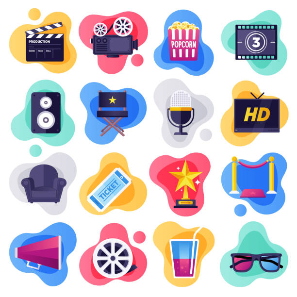 Cinema, Television & Media Industry Flat Flow Style Vector Icon Set Cinema, television and media industry liquid flat flow style concept symbols. Flat design vector icons set for infographics, mobile and web designs. features stock illustrations