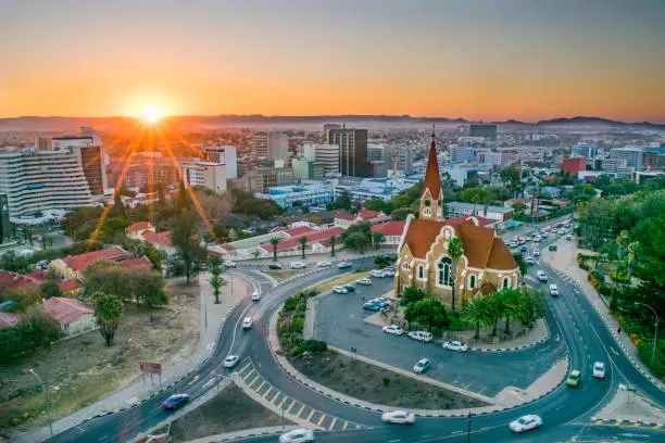 Aerial view of downtown Windhoek, Namibia, featuring the city's historic Christ Church.