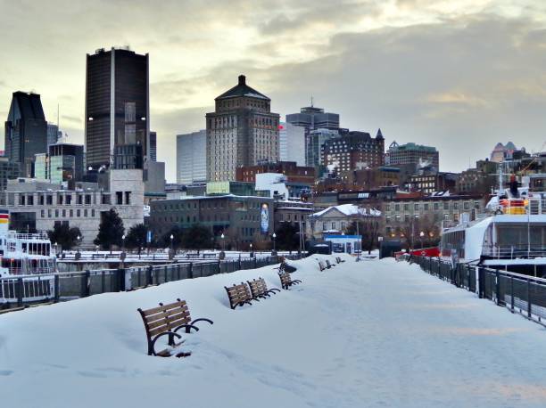 boardwalk and city skyline of montreal after blizzard - snow winter bench park imagens e fotografias de stock