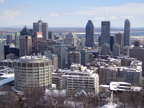 Aerial/Drone View: Skyscrapers of Montreal's financial district in winter - Montreal, Canada