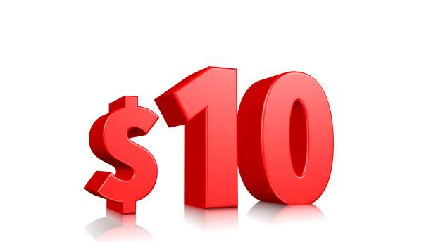 istock 10$ price symbol. red text 3d  render. on white background 1137752876