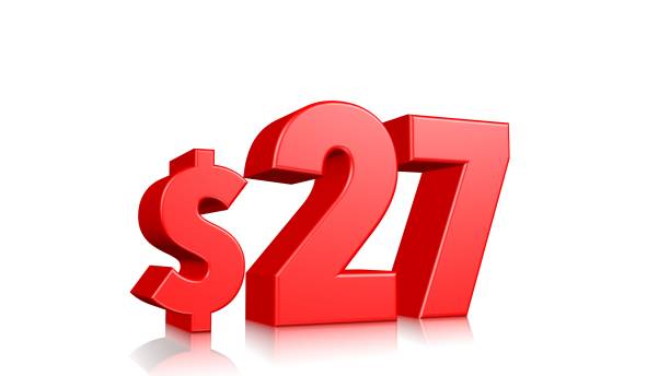 istock 27$ price symbol. red text 3d  render with dollar sign on white background 1137754446