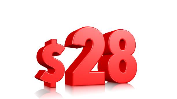 istock 28$ price symbol. red text 3d  render with dollar sign on white background 1137754504