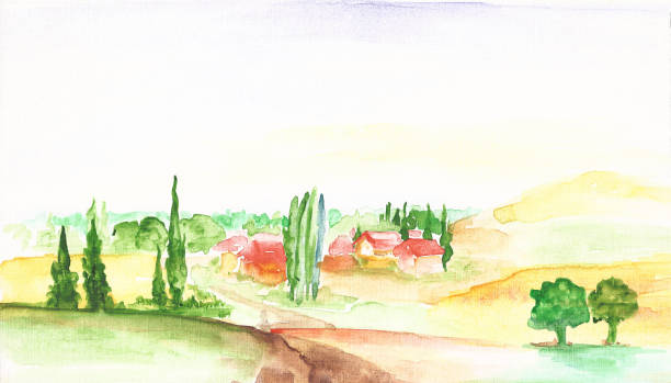 istock Watercolor farm landscape, original brush painting 1137755918