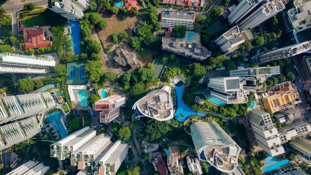 singapore drone photos - singapore city stock-fotos und bilder