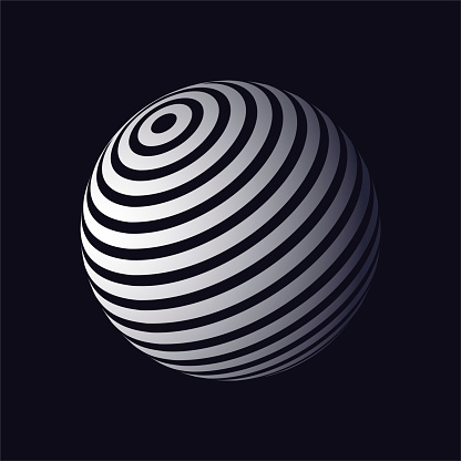 Abstract 3D visualization/ Vector striped sphere object/ Optical art illustration