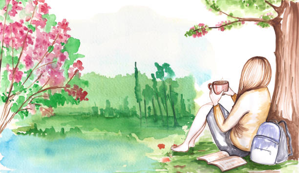 女の子を飲むコーヒーの水彩風景の夢の景色 - sakura blossom flower single flower点のイラスト素材／クリップアート素材／マンガ素材／アイコン素材