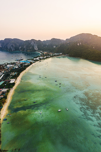 Scenic aerial view of Koh Phi Phi Island in Thailand at sunrise