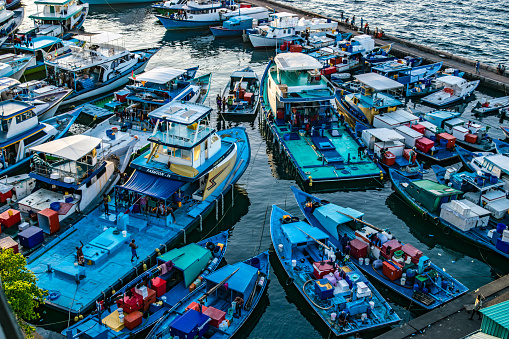 Colorful small cargo boats docked by Public Market  in Male harbor - Male, Maldives