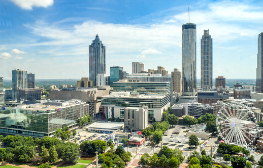 High-angle view of Atlanta's modern skyline, including office buildings, hotels, and condominiums - Atlanta, Georgia, USA