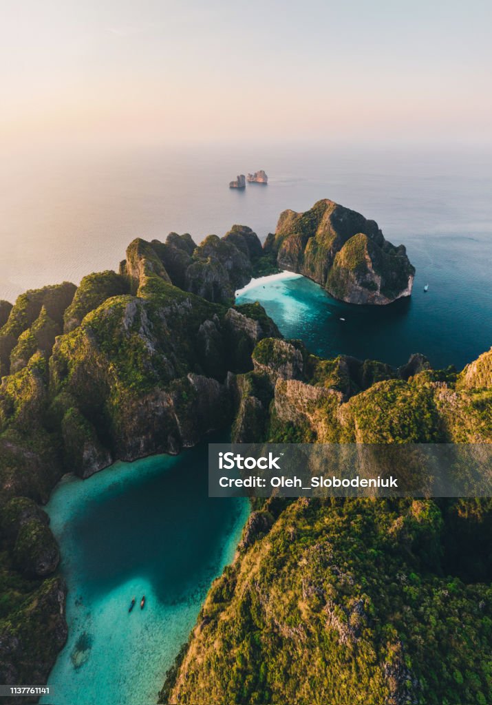 Scenic aerial view of Koh Phi Phi Island in Thailand Scenic aerial view of Koh Phi Phi Island in Thailand at sunrise Thailand Stock Photo