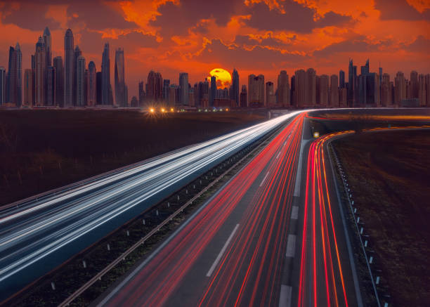 istock Skyline of Dubai as fantasy composite with highway in foreground 1137761209