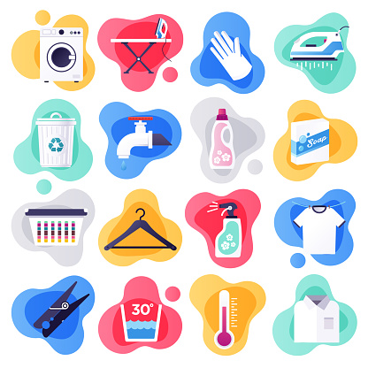 Laundry detergent and household cleaners liquid flat flow style concept symbols. Flat design vector icons set for infographics, mobile and web designs.